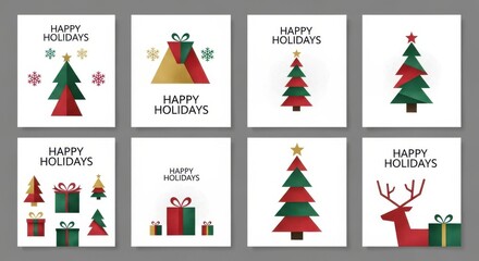 Spread holiday cheer with this festive collection of Christmas cards featuring modern trees, gifts, and a reindeer wishing everyone happy holidays