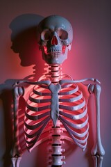 Skeleton, upper part as a shadow against neon red-pink lighting.