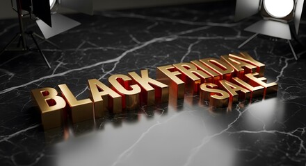 Golden black friday sale text on black marble background with studio lighting