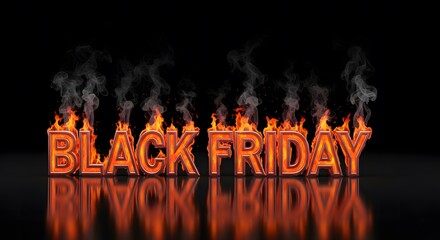Black friday sale text on fire with smoke effect and reflection on the floor