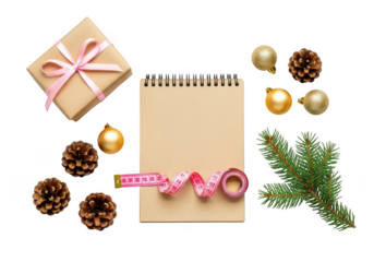 A festive flat lay composition for christmas weight loss goals, featuring a notebook, measuring tape, gift, pine cones, and fir branches, isolated on transparent background