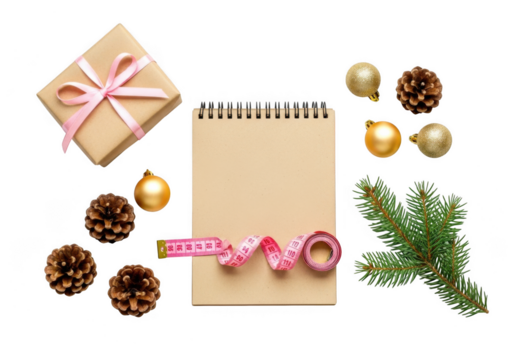 A festive flat lay composition for christmas weight loss goals, featuring a notebook, measuring tape, gift, pine cones, and fir branches, isolated on transparent background