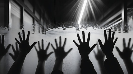 Eerie silhouettes of hands pressing against a frosted glass surface, illuminated by a bright light, creating a mysterious and unsettling atmosphere