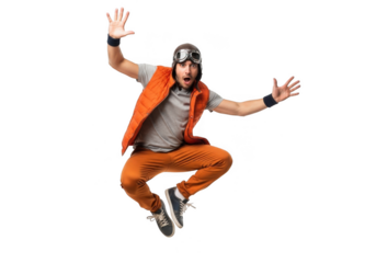 Man in pilot costume jumping in the air with excitement, isolated on transparent background