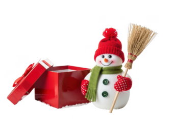 Cute snowman with a red hat and scarf holding a broom, standing next to an open red gift box, isolated on transparent background