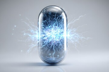 Electric energy bursts within a transparent capsule, showcasing futuristic power and innovation for scientific discovery and energy solutions
