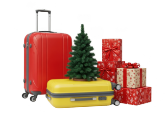 Red and yellow suitcases with a christmas tree and gift boxes, isolated on transparent background