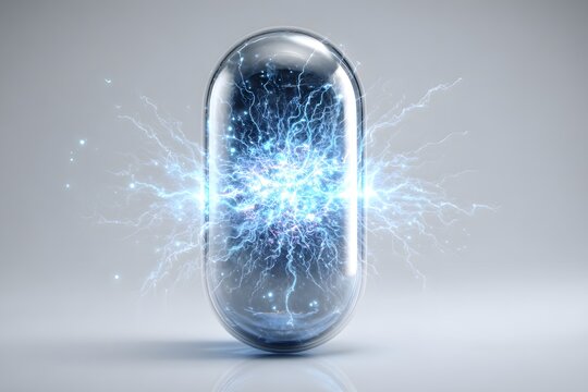 Electric energy bursts within a transparent capsule, showcasing futuristic power and innovation for scientific discovery and energy solutions