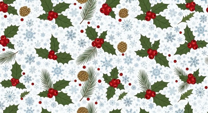 Festive Christmas holiday pattern with holly berries, pinecones, snowflakes offering a joyful, happy, and elegant vibe for your seasonal projects