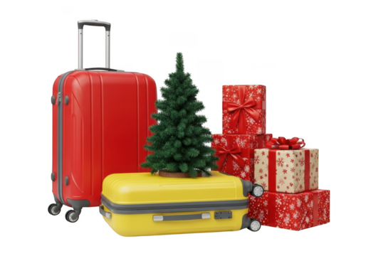 Red and yellow suitcases with a christmas tree and gift boxes, isolated on transparent background