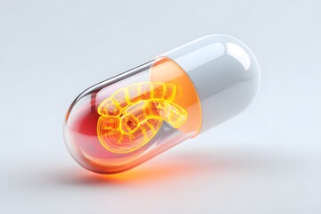 Inside a glowing capsule, a luminous, intricate wireframe of internal organs pulses with vibrant energy, symbolizing modern medicine and advanced healthcare treatments.