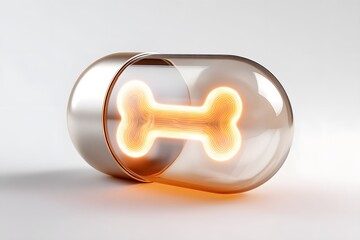 Captivating luminous bone design encased in a sleek, modern capsule, symbolizing innovation and vital health solutions