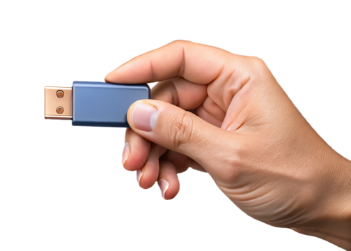 Hand holding blue U S B flash drive isolated on a transparent background usb flash drive