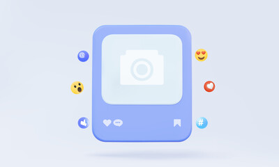 Picture photo frame social media emoji chat comment isolated on pastel background. Advertising creative content marketing via post page community technology. 3D vector illustration design