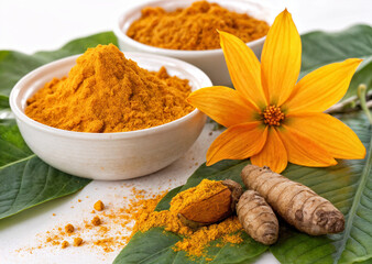 turmeric yellow flower and spice powder