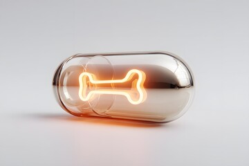 Glowing neon bone inside transparent capsule, symbolizing innovative health treatment or pet care solution
