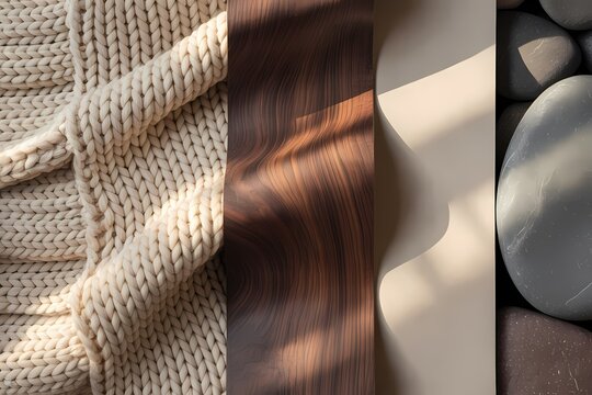 A vertical composition featuring a knitted sweater, wood grain, a neutral wall, and smooth stones arrayed