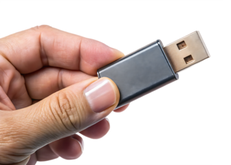 Hand holding dark gray U S B flash drive isolated on a transparent background.PNG