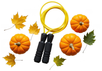Jump rope and pumpkins with autumn leaves isolated on transparent background
