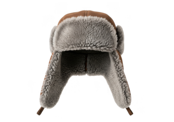 Brown and grey fur trapper hat with ear flaps isolated on transparent background