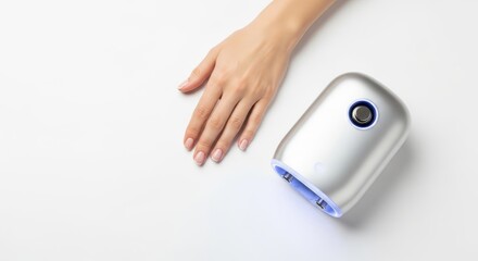Fototapeta premium Woman hand with natural manicure beside a modern, automatic white nail dryer or care device, representing advanced beauty technology concept.