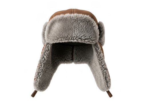 Brown and grey fur trapper hat with ear flaps isolated on transparent background