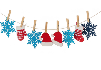 Christmas decorations snowflakes, mittens, and santa hats hanging on a line isolated on transparent background