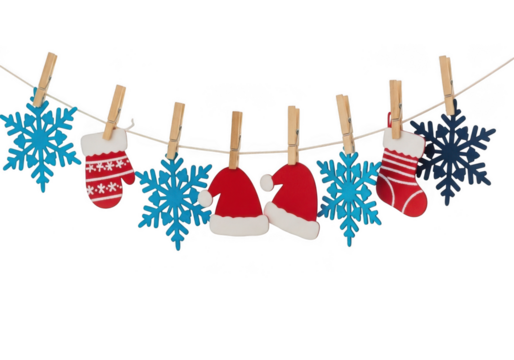 Christmas decorations snowflakes, mittens, and santa hats hanging on a line isolated on transparent background