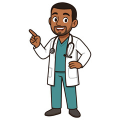Smiling cartoon african american male doctor character pointing finger up, wearing lab coat and stethoscope, offering guidance