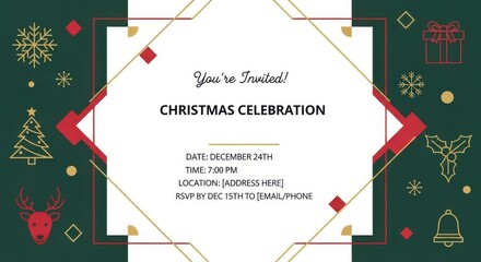 Elegant Christmas celebration invitation template with festive golden icons perfect for holiday parties or corporate events, inviting yuletide cheer