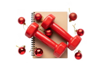 Pair of red dumbbells and festive christmas ornaments arranged on a notebook, isolated on transparent background
