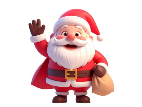  Cheerful 3D Cartoon Santa Claus Waving and Holding Gift Bag, Front View, Isolated PNG