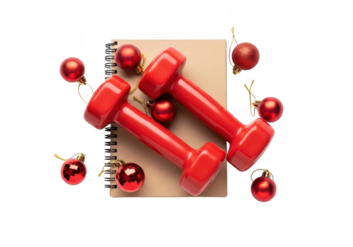 Pair of red dumbbells and festive christmas ornaments arranged on a notebook, isolated on transparent background