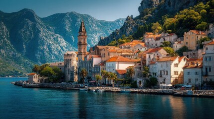 historic coastal village stunning mountain backdrop