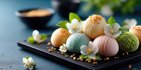 Mochi ice cream in pastel shades artfully arranged on a dark plate with jasmine blossoms, mint leaves and crunchy toppings for a delicate, colorful Asian dessert presentation