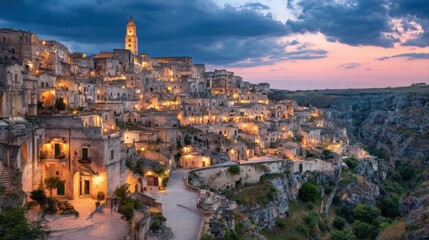 Naklejka premium Matera ancient city evening lights