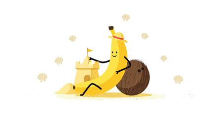 A Cheerful Banana Relaxing On The Beach With A Coconut Near A Sandcastle
