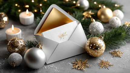 Blank greeting card in an open brown envelope surrounded by snow-dusted fir branches, golden pinecones, and Christmas ornaments, creating a festive holiday scene with copy space