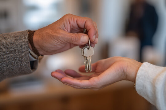 Keys being handed over during a real estate transaction in a modern home setting