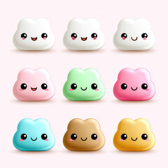 Collection of cheerful kawaii mochi characters in pastel colors, each with a cute smiling face and rosy cheeks, offering a delightful and sweet japanese confectionery illustration