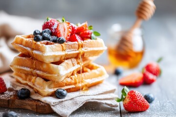 Delicious waffles with berries and honey