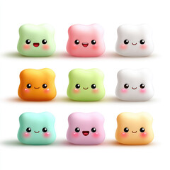 Collection of cheerful kawaii mochi characters in pastel colors, each with a cute smiling face and rosy cheeks, offering a delightful and sweet japanese confectionery illustration