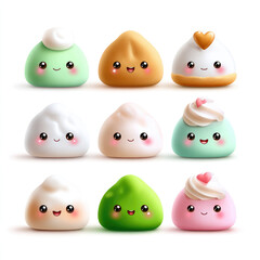 Collection of cheerful kawaii mochi characters in pastel colors, each with a cute smiling face and rosy cheeks, offering a delightful and sweet japanese confectionery illustration