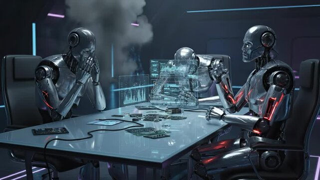 Robots in meeting room discussing data on holographic display. One robot appears distressed with smoke coming from its head. Futuristic technology concept.