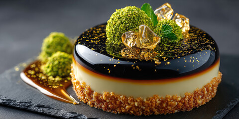 Gourmet pistachio mousse cake presenting a shiny mirror glaze with golden flakes, layered dessert featuring a crispy nut crust and delicate mint leaves on a dark slate