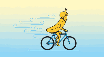 Fototapeta premium Animated Banana On Bicycle With A Protective Helmet Enjoys A Windy Ride Outside