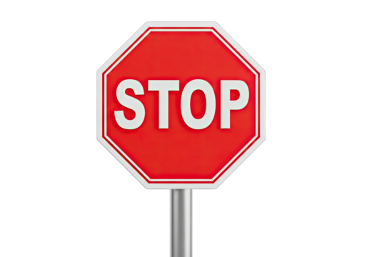 Red and White Stop Sign on Metal Pole Against Transparent Background, Isolated Design