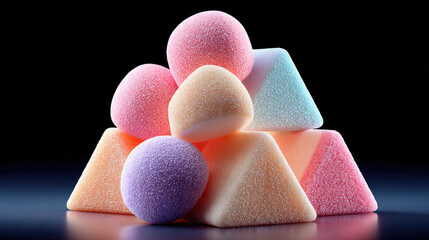 Assortment of pastel mochi pieces and other Japanese wagashi confectionery arranged on a brown surface, creating a minimalist dessert display dusted with powdered sugar and toppings