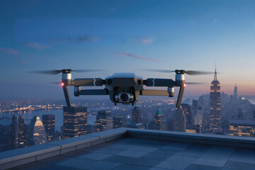 Drone flying over a city skyline during twilight