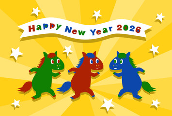 2026年午年のポップな馬の年賀状イラスト